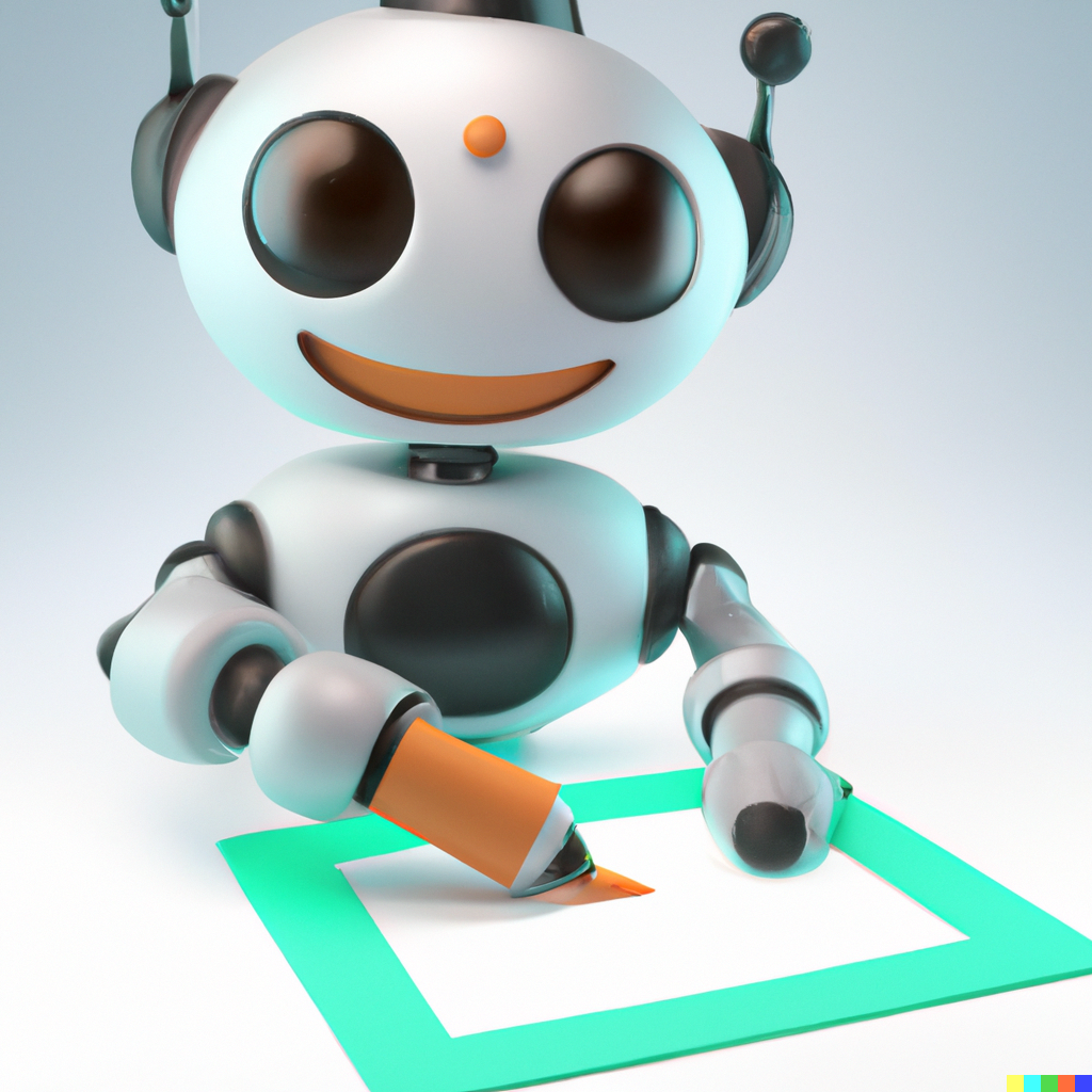 Jasper Art image AI assistant A cute robot with a big smile drawing a picture