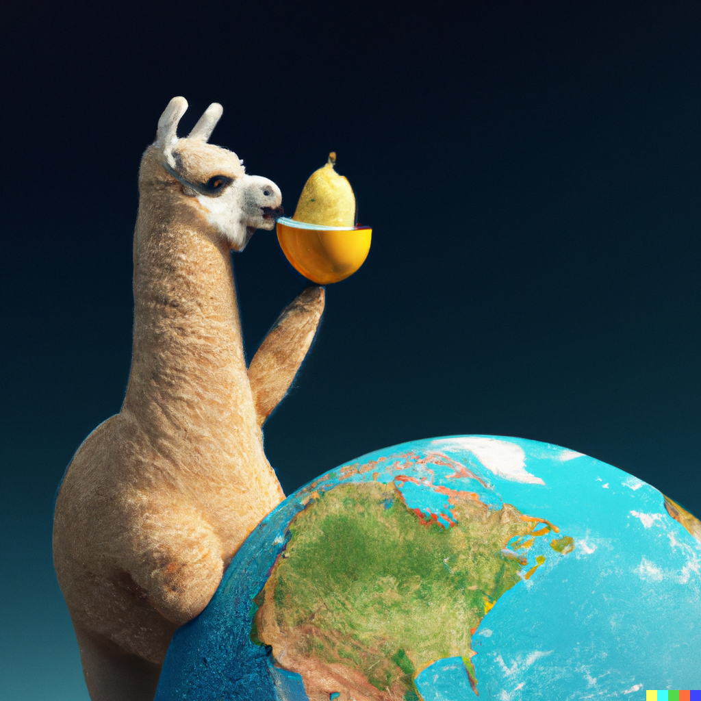 Jasper Art AI photo generator an alpaca watch earth from space while eating a mango from a bowl