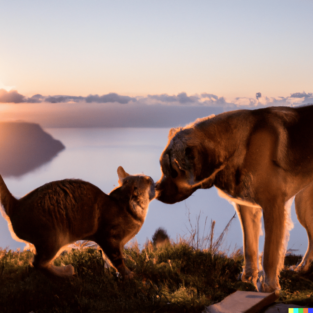 Jasper Art AI image generator a dog and a cat kissing during sunset in the swiss alps with the ocean in the background